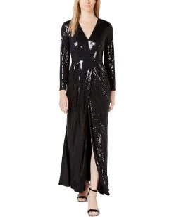 Calvin Klein Women's Long Sleeve Sequin Gown With Cross Front V Neckline