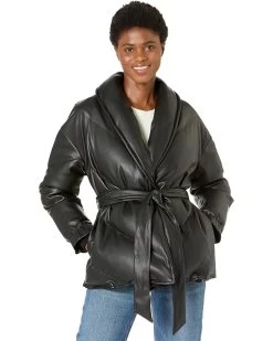 Blank NYC Black Faux Leather Puffer Jacket With Belt Closure