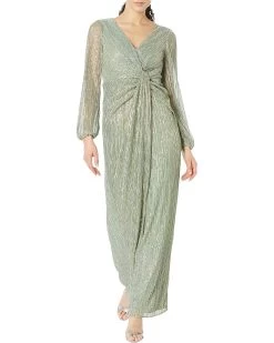 Adrianna Papell Long Sleeve Crinkle Metallic Gown With Draped Waist Detail