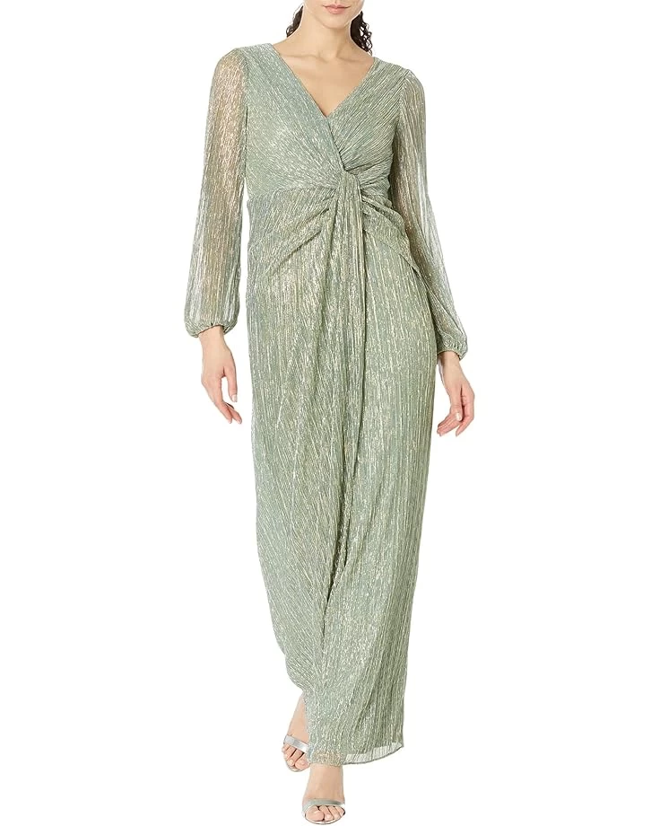 Adrianna Papell Long Sleeve Crinkle Metallic Gown With Draped Waist Detail 3 Adrianna Papell Long Sleeve Crinkle Metallic Gown With Draped Waist Detail